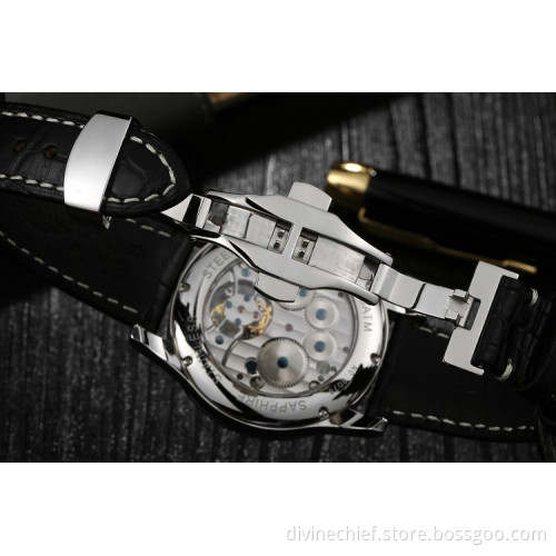 Classical Black Tourbillon Movement Watch For Men, Custom High End Leather Band Wrist Watch